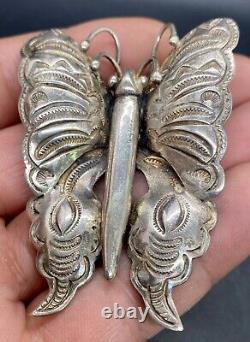 Early 1900's Navajo Hand Stamped Large Sterling Silver Butterfly Brooch Pin SEE