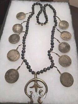 Early 1900's Navajo Indian BARBER 1/2 Dollar Silver Coin Squash Blossom Necklace