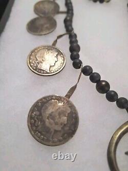 Early 1900's Navajo Indian BARBER 1/2 Dollar Silver Coin Squash Blossom Necklace