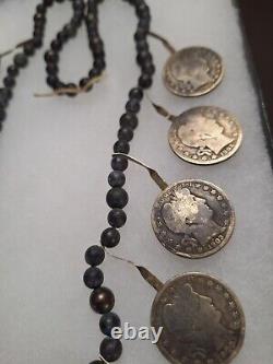 Early 1900's Navajo Indian BARBER 1/2 Dollar Silver Coin Squash Blossom Necklace