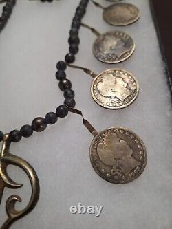 Early 1900's Navajo Indian BARBER 1/2 Dollar Silver Coin Squash Blossom Necklace