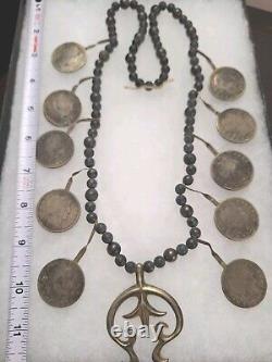 Early 1900's Navajo Indian BARBER 1/2 Dollar Silver Coin Squash Blossom Necklace