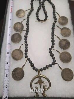 Early 1900's Navajo Indian BARBER 1/2 Dollar Silver Coin Squash Blossom Necklace