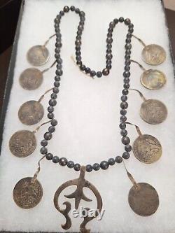 Early 1900's Navajo Indian BARBER 1/2 Dollar Silver Coin Squash Blossom Necklace