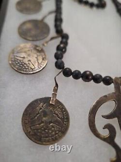 Early 1900's Navajo Indian BARBER 1/2 Dollar Silver Coin Squash Blossom Necklace