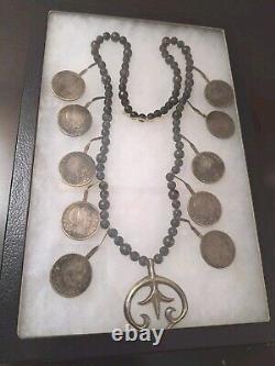 Early 1900's Navajo Indian BARBER 1/2 Dollar Silver Coin Squash Blossom Necklace