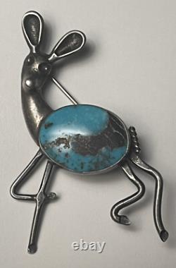 Early 1900's Navajo Sterling Silver Deer Effigy Pin w Turquoise Center Stone