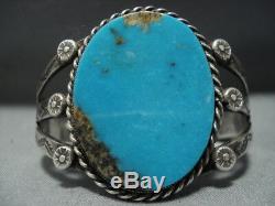 Early 1900's Vintage Navajo Blue Gem Turquoise Sterling Silver Bracelet Old