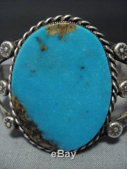 Early 1900's Vintage Navajo Blue Gem Turquoise Sterling Silver Bracelet Old