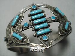 Early 1900's Vintage Navajo Rectangular Turquoise Sterling Silver Bracelet Old