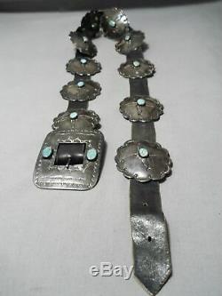 Early 1900's Vintage Navajo Turquoise Sterling Silver Coin Concho Belt Old
