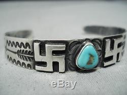 Early 1900's Vintage Navajo Whirling Logs Turquoise Sterling Silver Bracelet