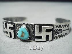 Early 1900's Vintage Navajo Whirling Logs Turquoise Sterling Silver Bracelet