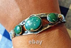 Early 1900s (1930s) green turquoise stamped cuff sterling