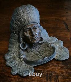 Early 1900s Antique Native American Indian Chief in Headdress Inkwell Judd Mfg