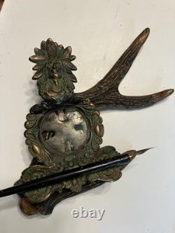 Early 1900s Inkwell, Native American Indian in Headdress, Deer Antler Base, Pen