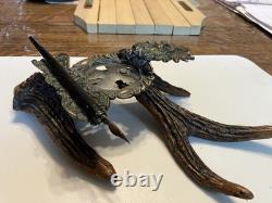 Early 1900s Inkwell, Native American Indian in Headdress, Deer Antler Base, Pen