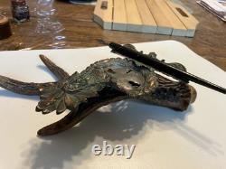 Early 1900s Inkwell, Native American Indian in Headdress, Deer Antler Base, Pen