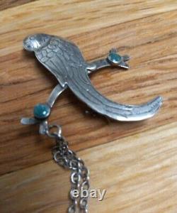Early 1900s Native American Sterling Silver Turquoise Parrot Bird Pin Brooch