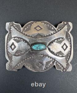 Early 1900s Navajo Stamped Sterling Silver Spiderweb Turquoise Pin Signed #279
