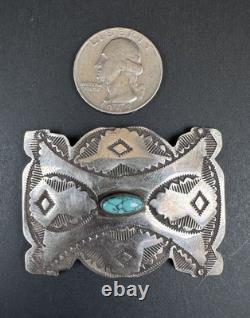 Early 1900s Navajo Stamped Sterling Silver Spiderweb Turquoise Pin Signed #279