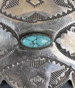 Early 1900s Navajo Stamped Sterling Silver Spiderweb Turquoise Pin Signed #279
