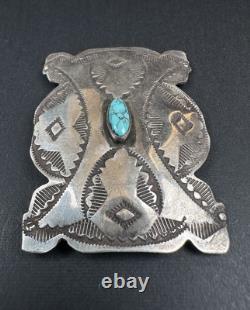 Early 1900s Navajo Stamped Sterling Silver Spiderweb Turquoise Pin Signed #279