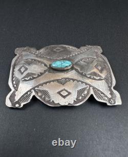 Early 1900s Navajo Stamped Sterling Silver Spiderweb Turquoise Pin Signed #279