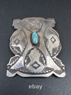 Early 1900s Navajo Stamped Sterling Silver Spiderweb Turquoise Pin Signed #279