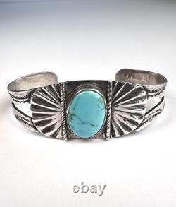 Early 1900s Navajo Turquoise Stamped Coin Silver Cuff Bracelet 6-1/2 #282