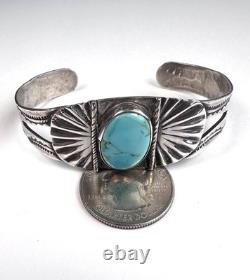 Early 1900s Navajo Turquoise Stamped Coin Silver Cuff Bracelet 6-1/2 #282
