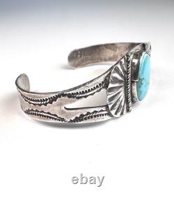 Early 1900s Navajo Turquoise Stamped Coin Silver Cuff Bracelet 6-1/2 #282