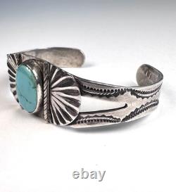 Early 1900s Navajo Turquoise Stamped Coin Silver Cuff Bracelet 6-1/2 #282