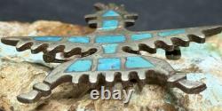 Early 1900s Zuni Attr Juan De Dios Sterling Turquoise Inlay Knifewing Brooch Pin