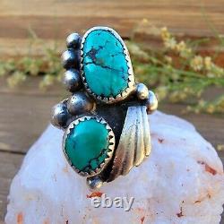 Early 1930's Navajo Turquoise Braided Silver Ring Sz 8.25 Native American
