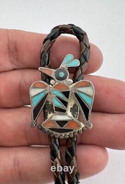 Early 1940s Frank Vacit Zuni Sterling Silver Multi Gemstone Thunderbird Bolo Tie