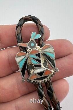 Early 1940s Frank Vacit Zuni Sterling Silver Multi Gemstone Thunderbird Bolo Tie