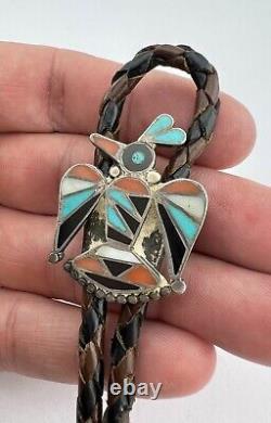 Early 1940s Frank Vacit Zuni Sterling Silver Multi Gemstone Thunderbird Bolo Tie