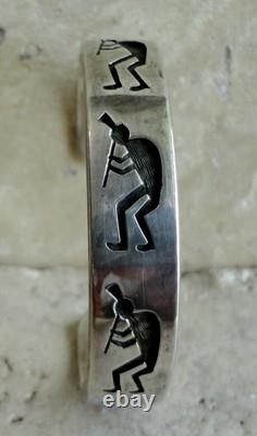 Early 1970 Vtg Hopi Tony Kyasyousie Sterling Overlay 5 Kokopelli Cuff Bracelet