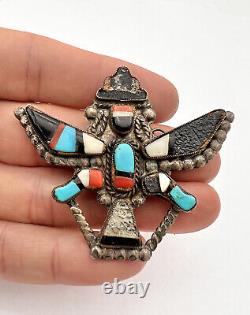 Early 2 3/8 ZUNI KNIFEWING KACHINA STERLING SILVER MULTI GEM INLAY PENDANT -NR