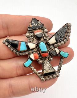 Early 2 3/8 ZUNI KNIFEWING KACHINA STERLING SILVER MULTI GEM INLAY PENDANT -NR