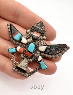 Early 2 3/8 ZUNI KNIFEWING KACHINA STERLING SILVER MULTI GEM INLAY PENDANT -NR