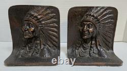Early 20th C Antique Native American Chief Head Dress Face Bookends Solid Bronze