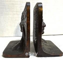 Early 20th C Antique Native American Chief Head Dress Face Bookends Solid Bronze