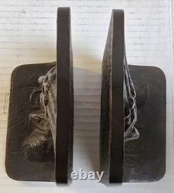 Early 20th C Antique Native American Chief Head Dress Face Bookends Solid Bronze