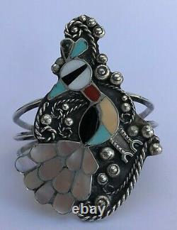 Early 3 Zuni Navajo Sterling Silver & Multi Mosaic Stone Inlay Peacock Bracelet