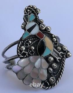 Early 3 Zuni Navajo Sterling Silver & Multi Mosaic Stone Inlay Peacock Bracelet