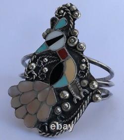 Early 3 Zuni Navajo Sterling Silver & Multi Mosaic Stone Inlay Peacock Bracelet