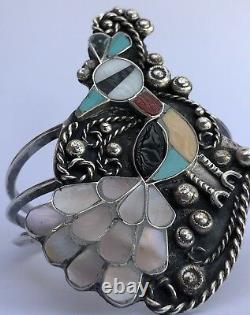 Early 3 Zuni Navajo Sterling Silver & Multi Mosaic Stone Inlay Peacock Bracelet