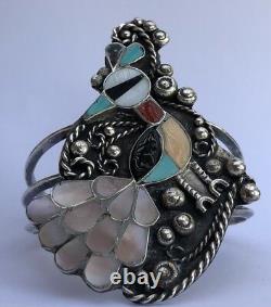 Early 3 Zuni Navajo Sterling Silver & Multi Mosaic Stone Inlay Peacock Bracelet